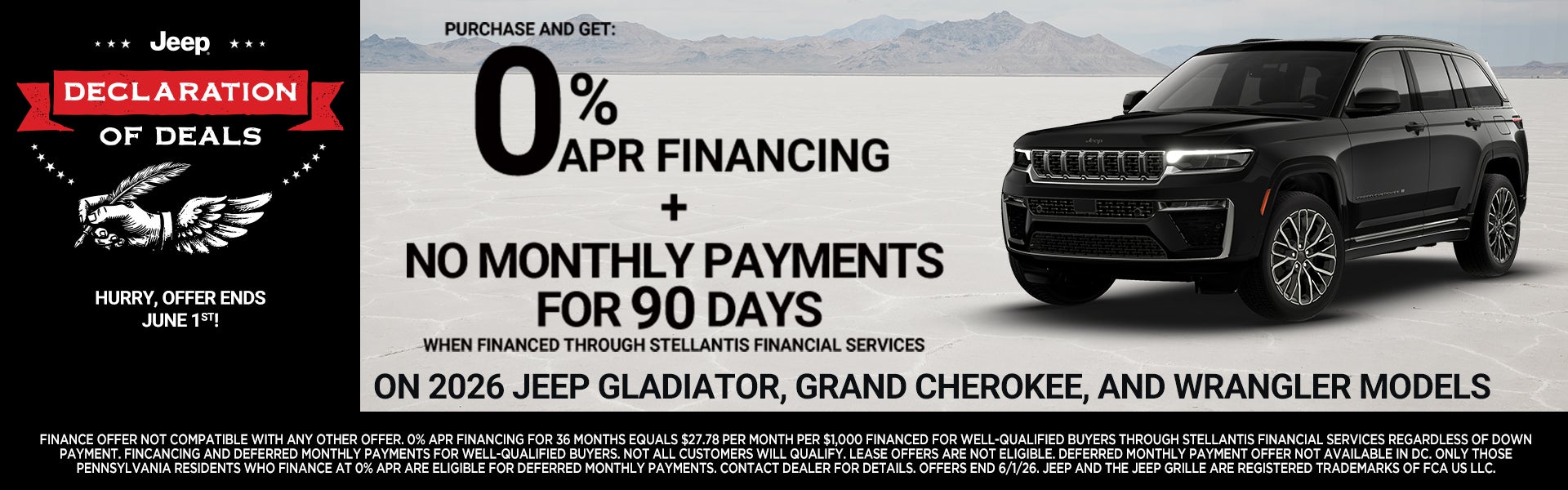 0% financing on Jeep Gladiator, Grand Cherokee and Wrangler